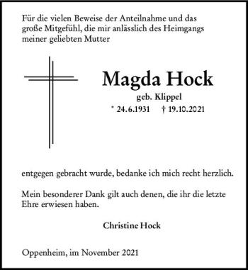 Traueranzeige von Magda Hock von vrm-trauer