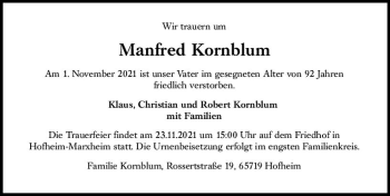Traueranzeige von Manfred Kornblum von vrm-trauer