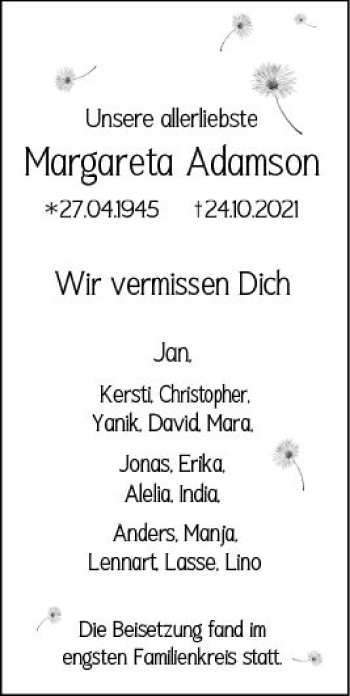 Traueranzeige von Margareta Adamson von vrm-trauer