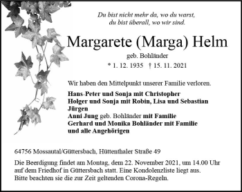 Traueranzeige von Margarete Helm von vrm-trauer