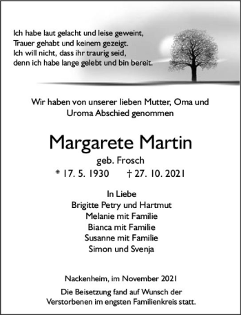 Traueranzeige von Margarete Martin von vrm-trauer