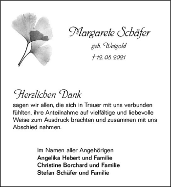 Traueranzeige von Margarete Schäfer von vrm-trauer