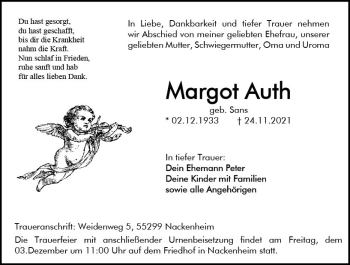 Traueranzeige von Margot Auth von vrm-trauer