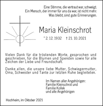 Traueranzeige von Maria Kleinschrot von vrm-trauer
