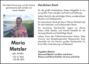 Traueranzeige von Maria Metzler von vrm-trauer