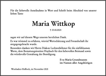 Traueranzeige von Maria Wittkop von vrm-trauer