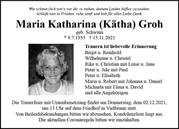 Traueranzeige von Maria Katharina Groh von vrm-trauer