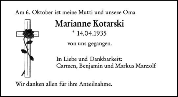 Traueranzeige von Marianne Kotarski von vrm-trauer