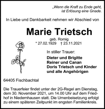Traueranzeige von Marie Trietsch von vrm-trauer