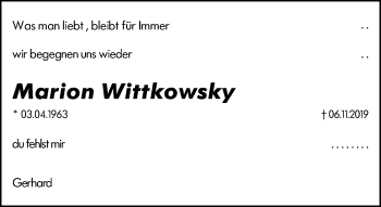Traueranzeige von Marion Wittkowsky von vrm-trauer