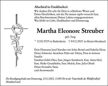 Traueranzeige von Martha Eleonore Streuber von vrm-trauer