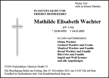 Traueranzeige von Mathilde Elisabeth Wachter von vrm-trauer