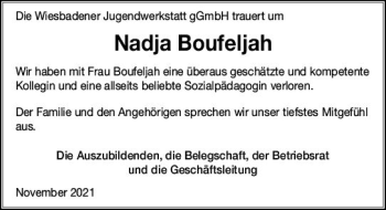 Traueranzeige von Nadja Boufeljah von vrm-trauer