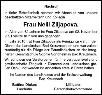 Traueranzeige von Nelli Ziljapova von vrm-trauer