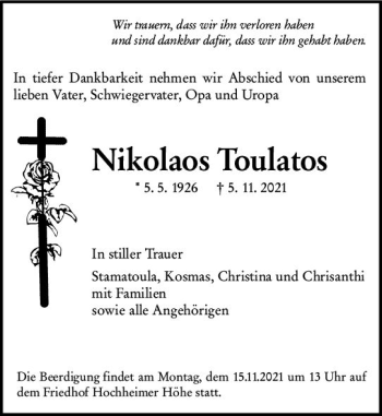 Traueranzeige von Nikolaos Toulatos von vrm-trauer