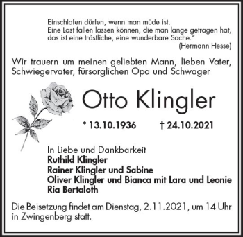 Traueranzeige von Otto Klingler von vrm-trauer