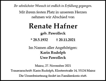 Traueranzeige von Renate Hafner von vrm-trauer