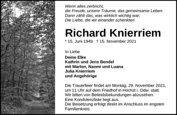 Traueranzeige von Richard Knierriem von vrm-trauer