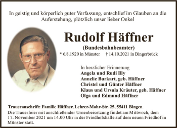 Traueranzeige von Rudolf Häffner von vrm-trauer