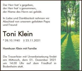 Traueranzeige von Toni Klein von vrm-trauer