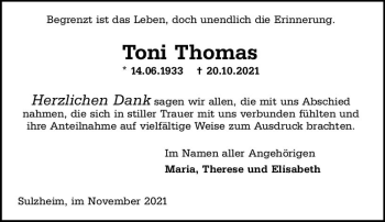 Traueranzeige von Toni Thomas von vrm-trauer