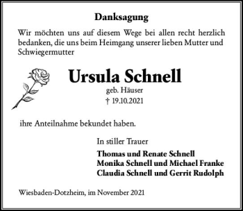 Traueranzeige von Ursula Schnell von vrm-trauer
