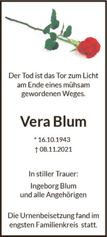 Traueranzeige von Vera Blum von vrm-trauer