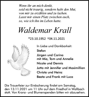 Traueranzeige von Waldemar Krall von vrm-trauer
