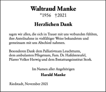 Traueranzeige von Waltraud Manke von vrm-trauer