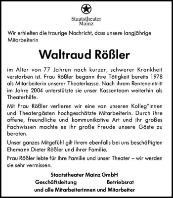 Traueranzeige von Waltraud Rößler von vrm-trauer
