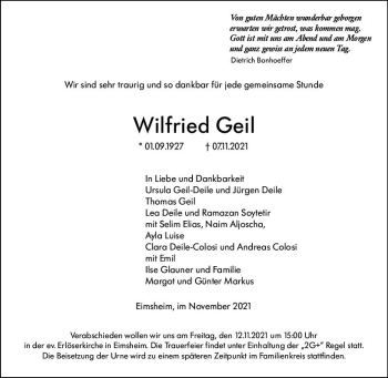 Traueranzeige von Wilfried Geil von vrm-trauer