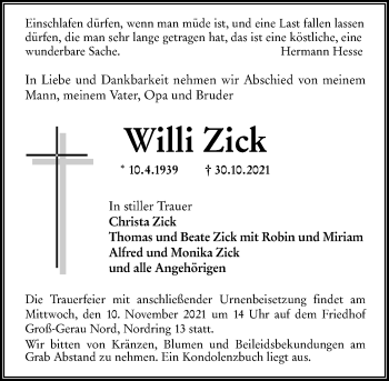 Traueranzeige von Willi Zick von vrm-trauer