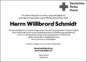 Traueranzeige von Willibrord Schmidt von vrm-trauer