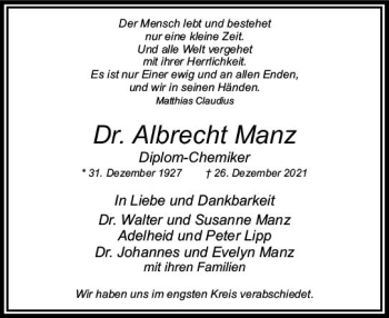 Traueranzeige von Albrecht Manz von vrm-trauer