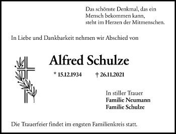 Traueranzeige von Alfred Schulze von vrm-trauer