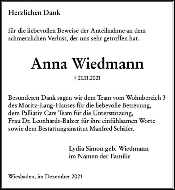Traueranzeige von Anna Wiedmann von vrm-trauer