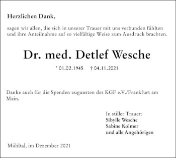 Traueranzeige von Detlef Wesche von vrm-trauer