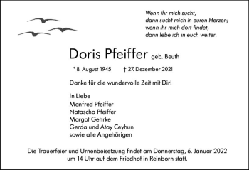 Traueranzeige von Doris Pfeiffer von vrm-trauer