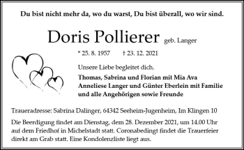 Traueranzeige von Doris Pollierer von vrm-trauer
