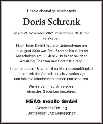Traueranzeige von Doris Schrenk von vrm-trauer
