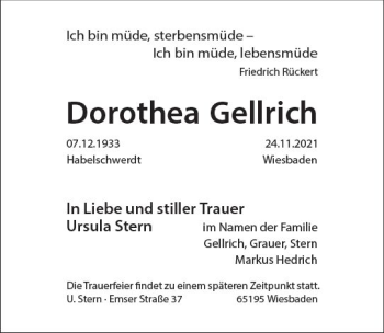 Traueranzeige von Dorothea Gellrich von vrm-trauer