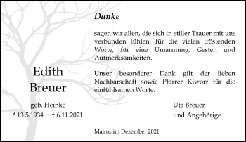 Traueranzeige von Edith Breuer von vrm-trauer