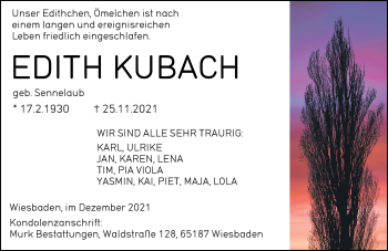 Traueranzeige von Edith Kubach von vrm-trauer