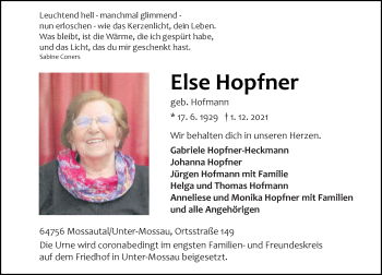 Traueranzeige von Else Hopfner von vrm-trauer