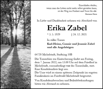 Traueranzeige von Erika Zabel von vrm-trauer