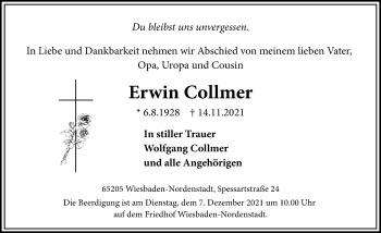 Traueranzeige von Erwin Collmer von vrm-trauer