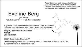 Traueranzeige von Eveline Berg von vrm-trauer