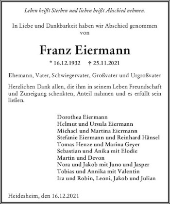 Traueranzeige von Franz Eiermann von vrm-trauer