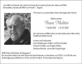 Traueranzeige von Franz Molitor von vrm-trauer