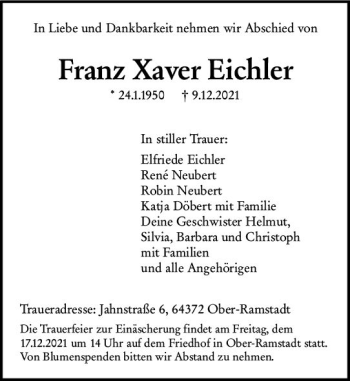 Traueranzeige von Franz Xaver Eichler von vrm-trauer